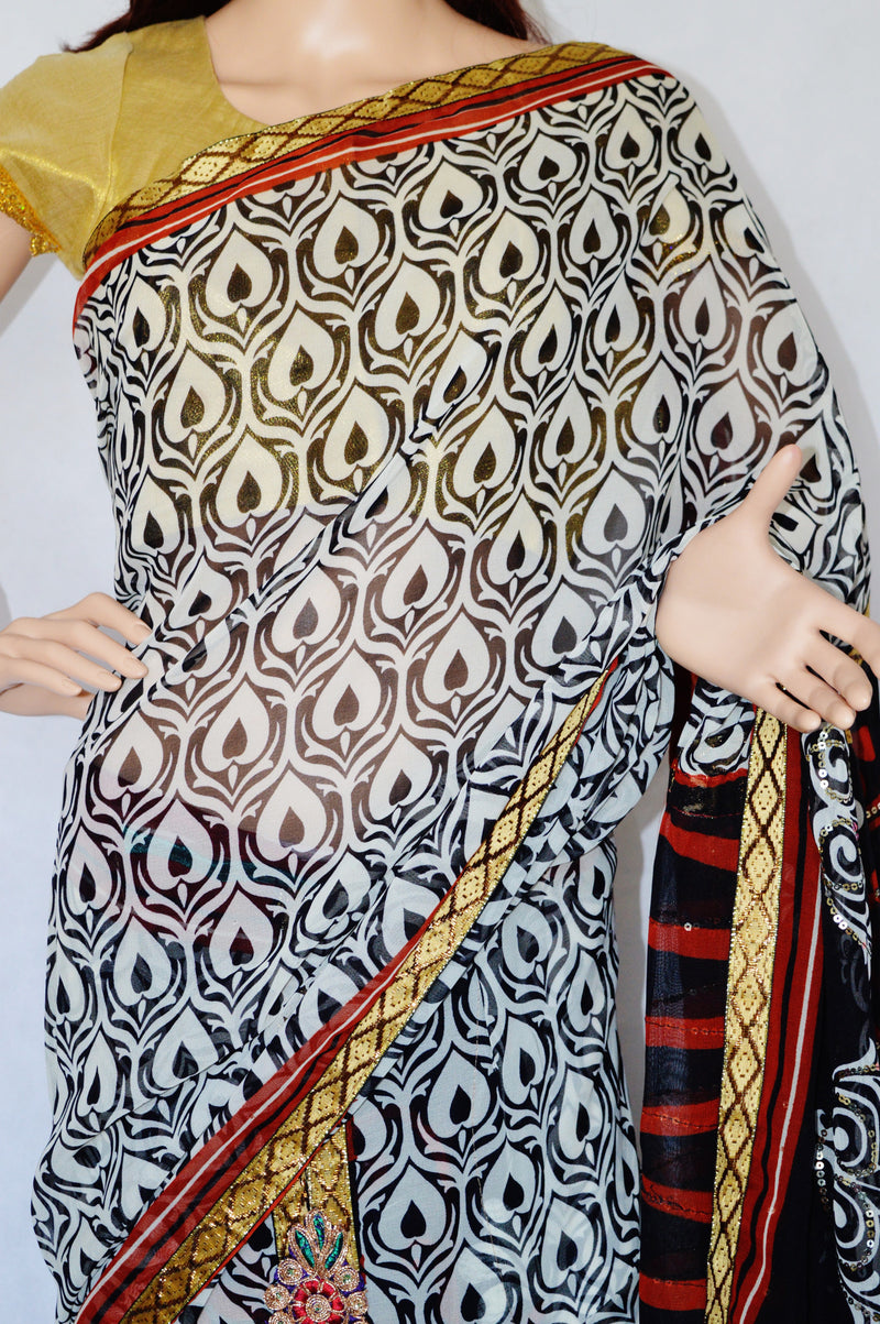 White & Black Sequins Work One Minute  Saree