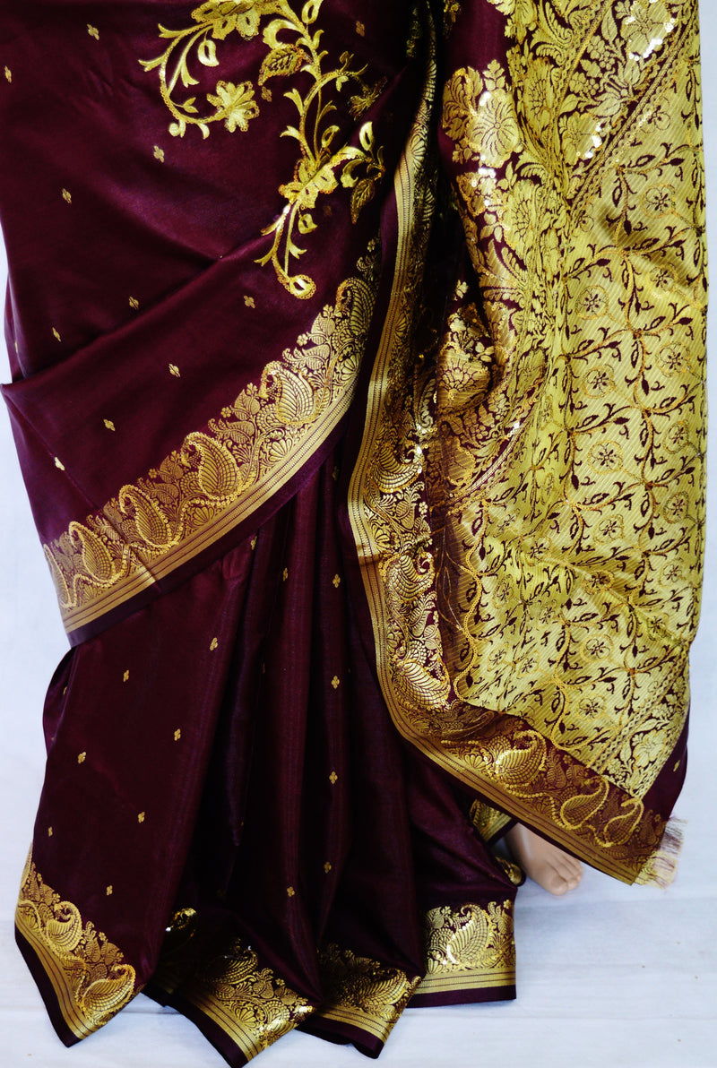 Dark Berry & Gold  Sequins Work Banaras Silk Saree