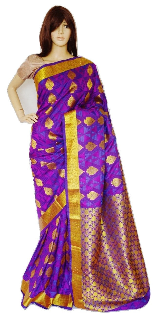 Blue Shaded Purple Stone Work Kanchipuram Silk Saree