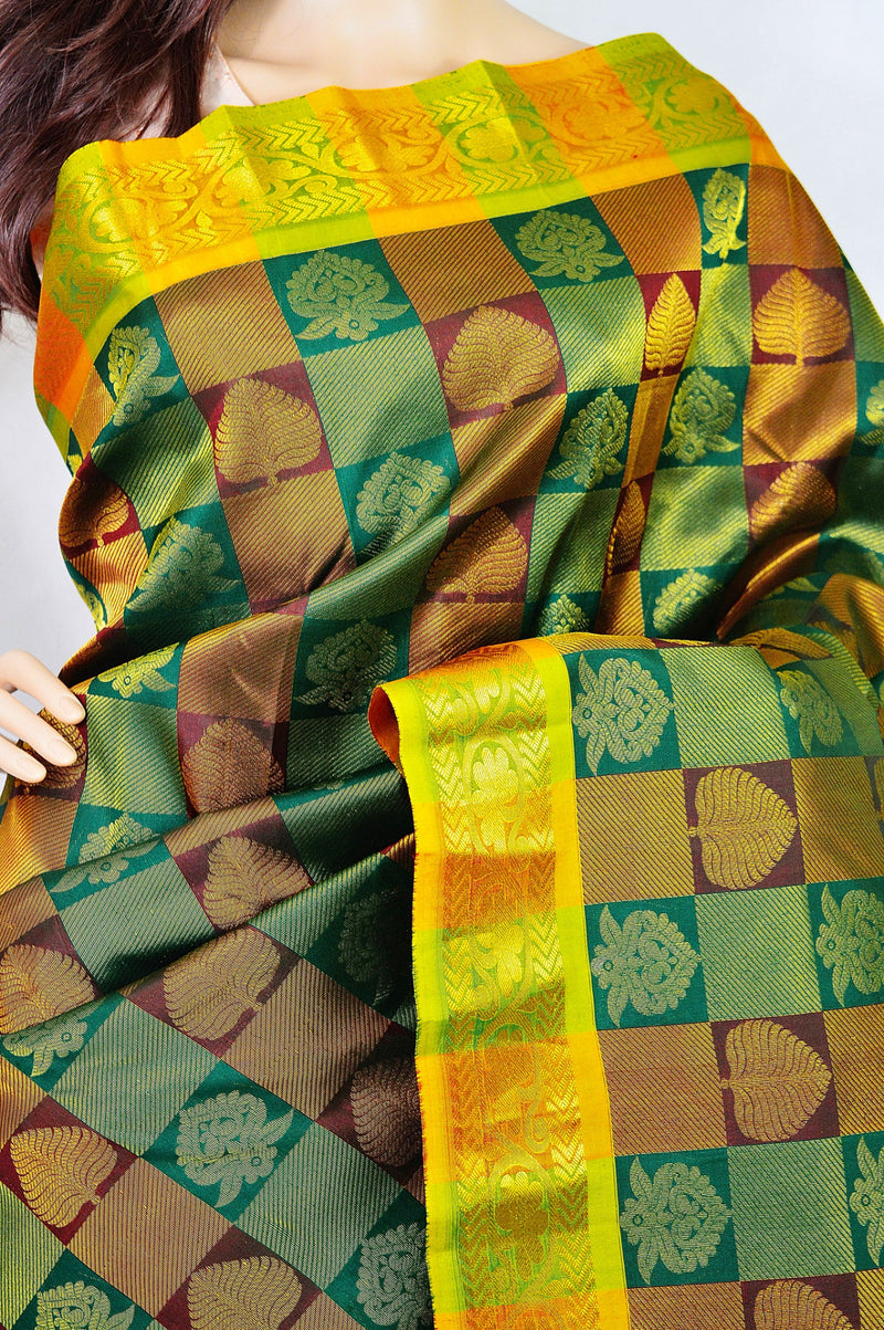 Green,Maroon & Gold Kanchipuram Pattu Silk Saree