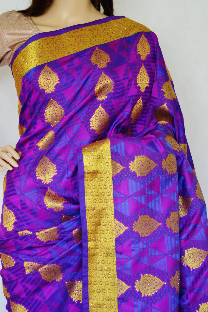 Blue Shaded Purple Stone Work Kanchipuram Silk Saree