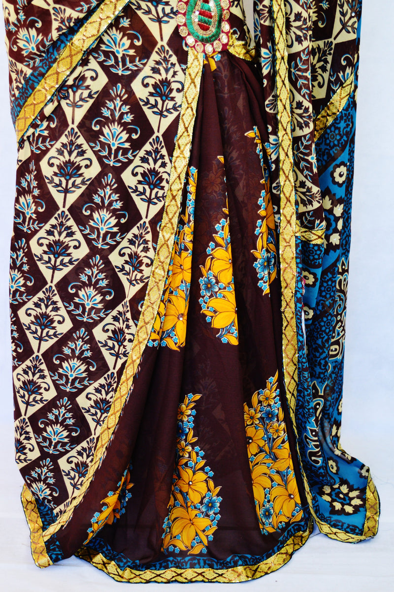 Brown, Cream & Blue Ready Made Pleats Saree