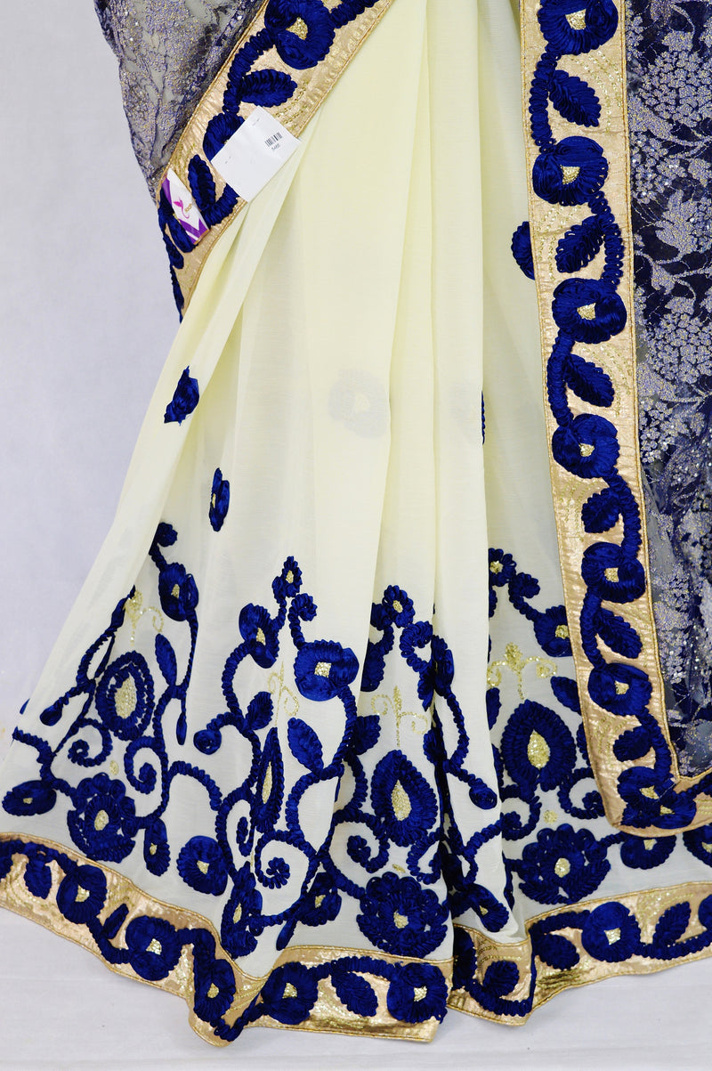 Navy Blue & Cream Colour Vidhya Sequins & Lace Saree
