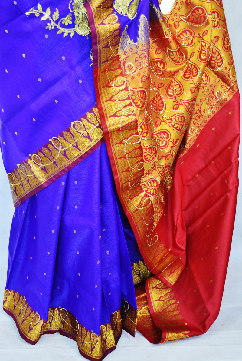 Indigo & Maroon Sequins Work Banaras Silk Saree