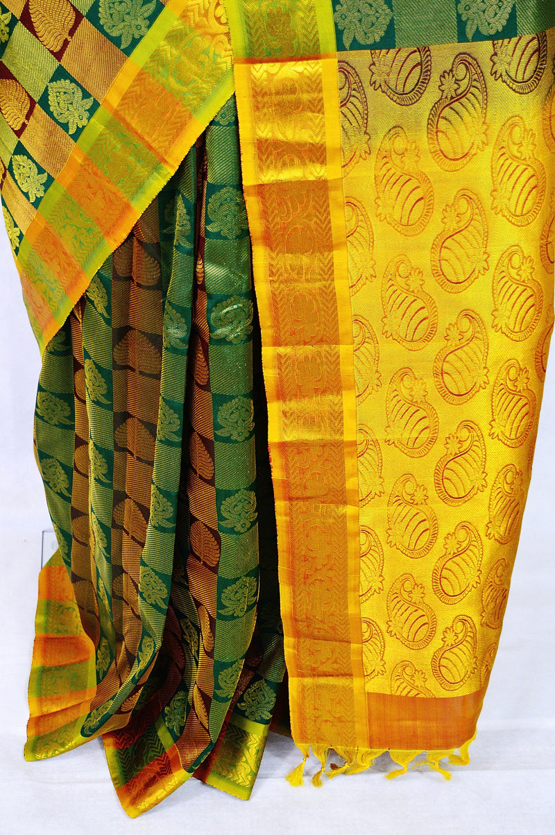 Green,Maroon & Gold Kanchipuram Pattu Silk Saree