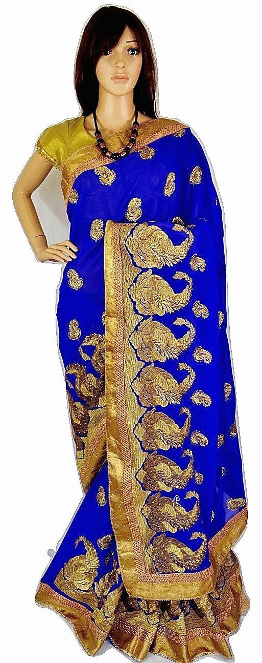 Latest Blue & Gold Colour With Stone Work Saree