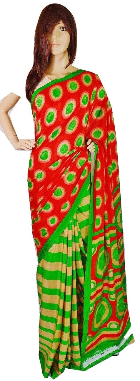 Red,Beige & Green Colour Kund Malai Crepe Silk Saree
