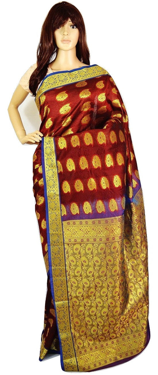 Burgundy ,Blue  & Gold  Kanchipuram Silk Saree
