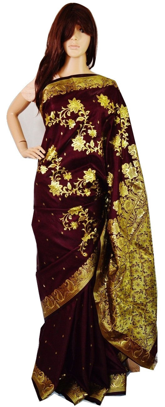 Dark Berry & Gold  Sequins Work Banaras Silk Saree