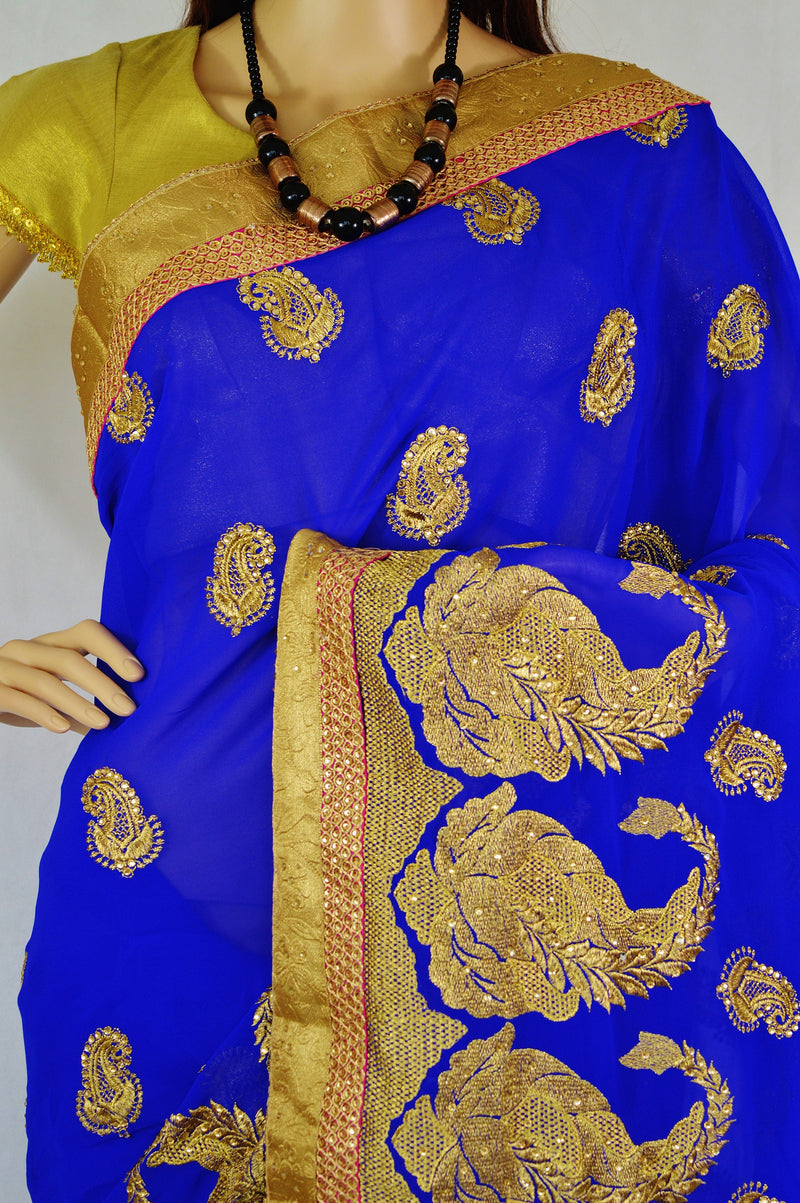 Latest Blue & Gold Colour With Stone Work Saree