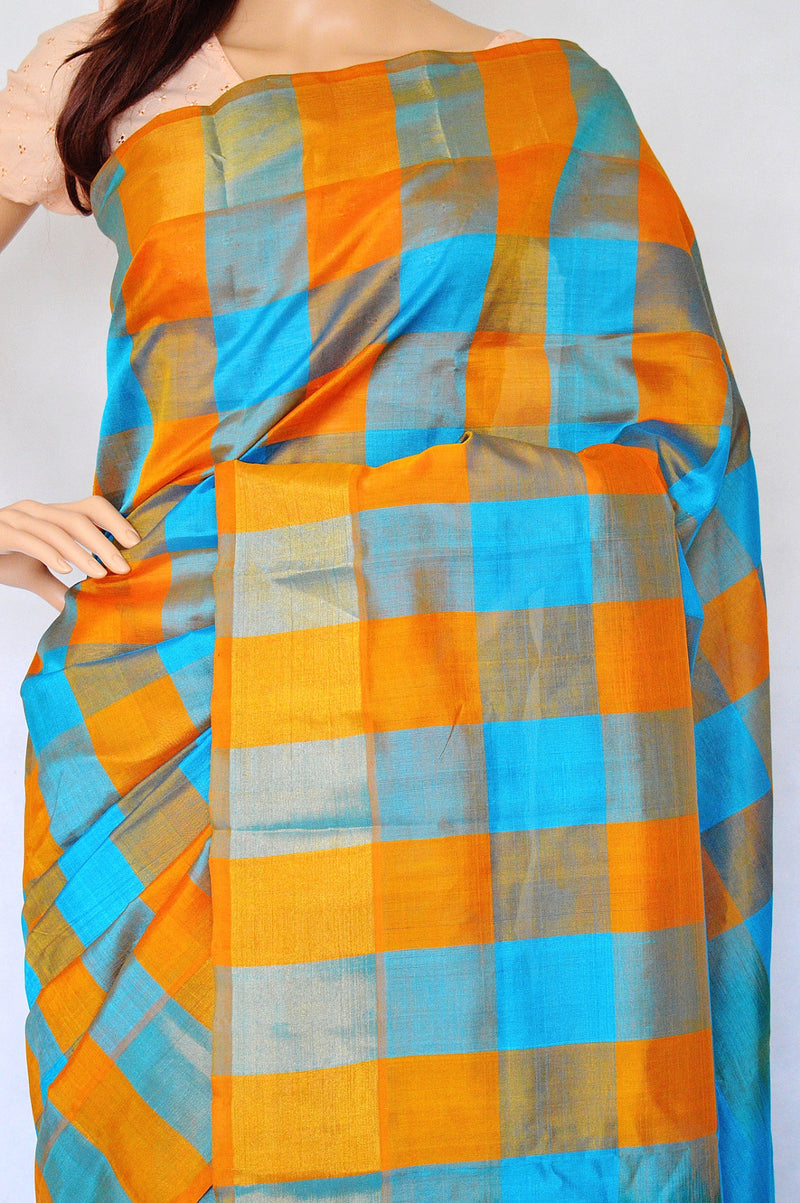 Blue & Orange Kanchipuram Silk Cotton  Saree