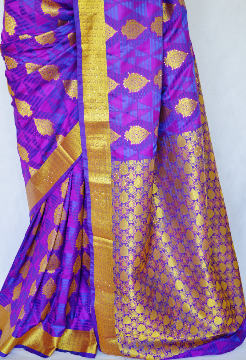 Blue Shaded Purple Stone Work Kanchipuram Silk Saree