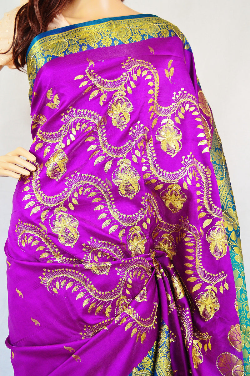 Purple & Turquoise Sequins Work Banaras Silk Saree