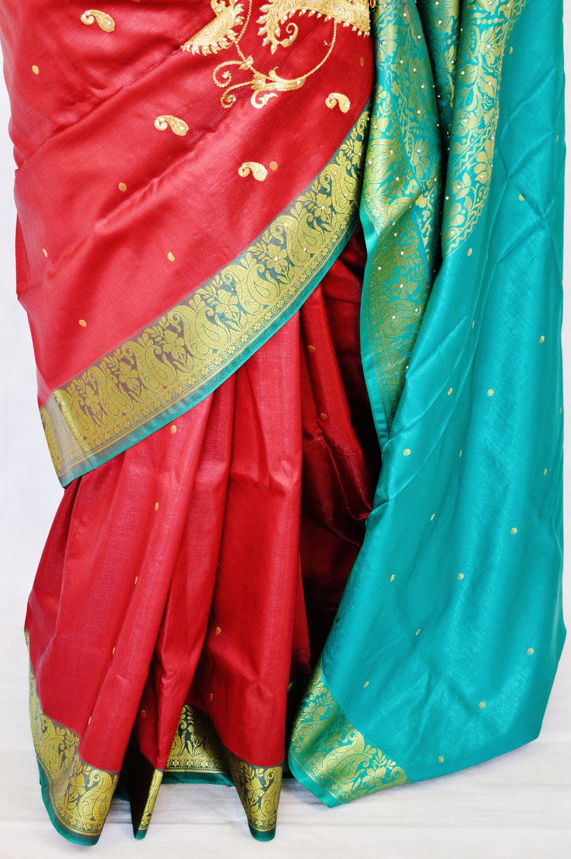 Burgundy & Green Colour Banaras Silk Saree