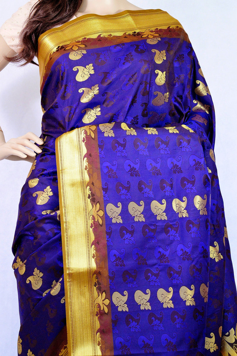 Mustard Shade Blue & Gold Colour Kanchipuram Silk  Saree