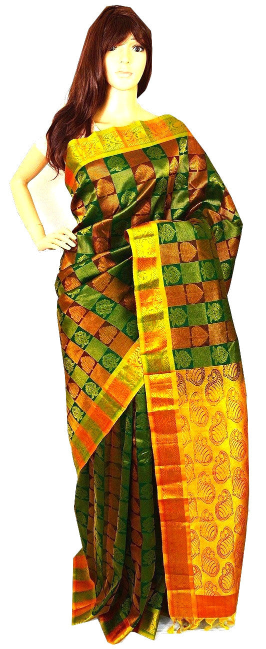 Green,Maroon & Gold Kanchipuram Pattu Silk Saree