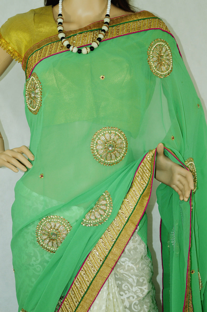 Mint & White Colour Pearl & Stone Work  Party Wear Saree