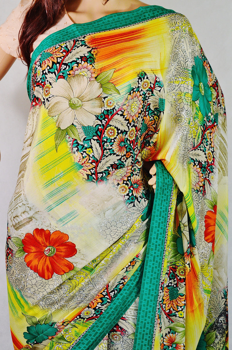 Gorgeous Multi Flower Print T-20 Crepe Silk Saree