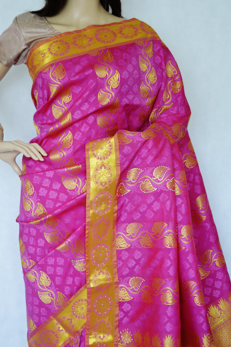 Pink & Coral Stone Work Kanchipuram Silk Saree