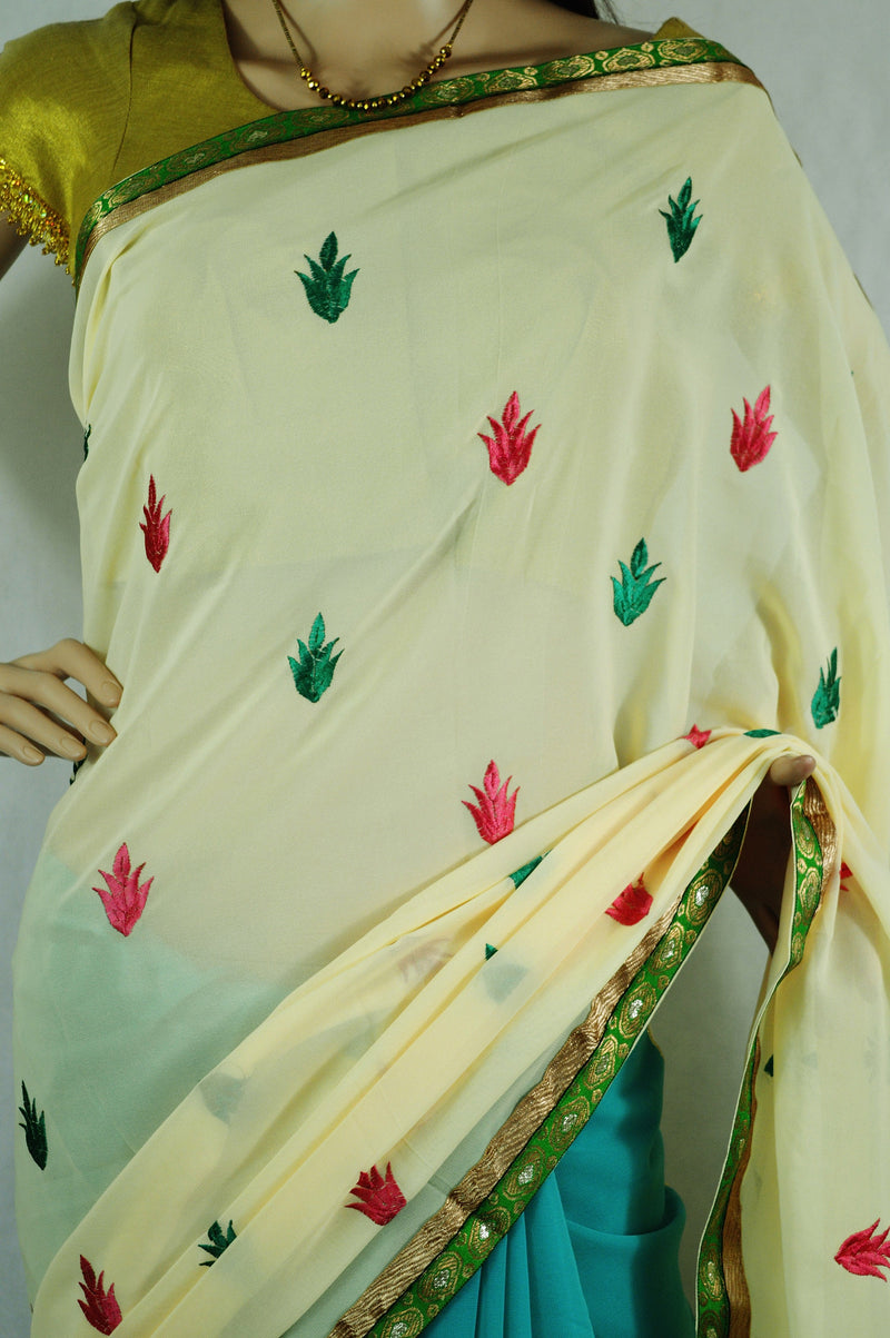 Green berry & Cream Colour  Race Gurran Saree