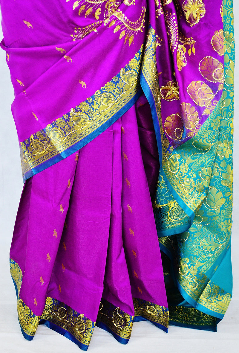 Purple & Turquoise Sequins Work Banaras Silk Saree