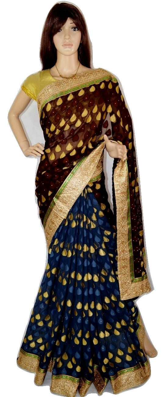 Denim Blue & Brown Stone Work Do Pal Jeard Saree