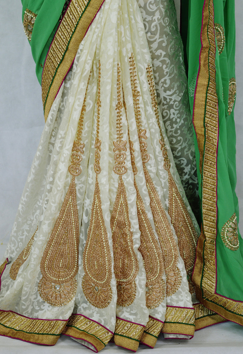 Mint & White Colour Pearl & Stone Work  Party Wear Saree