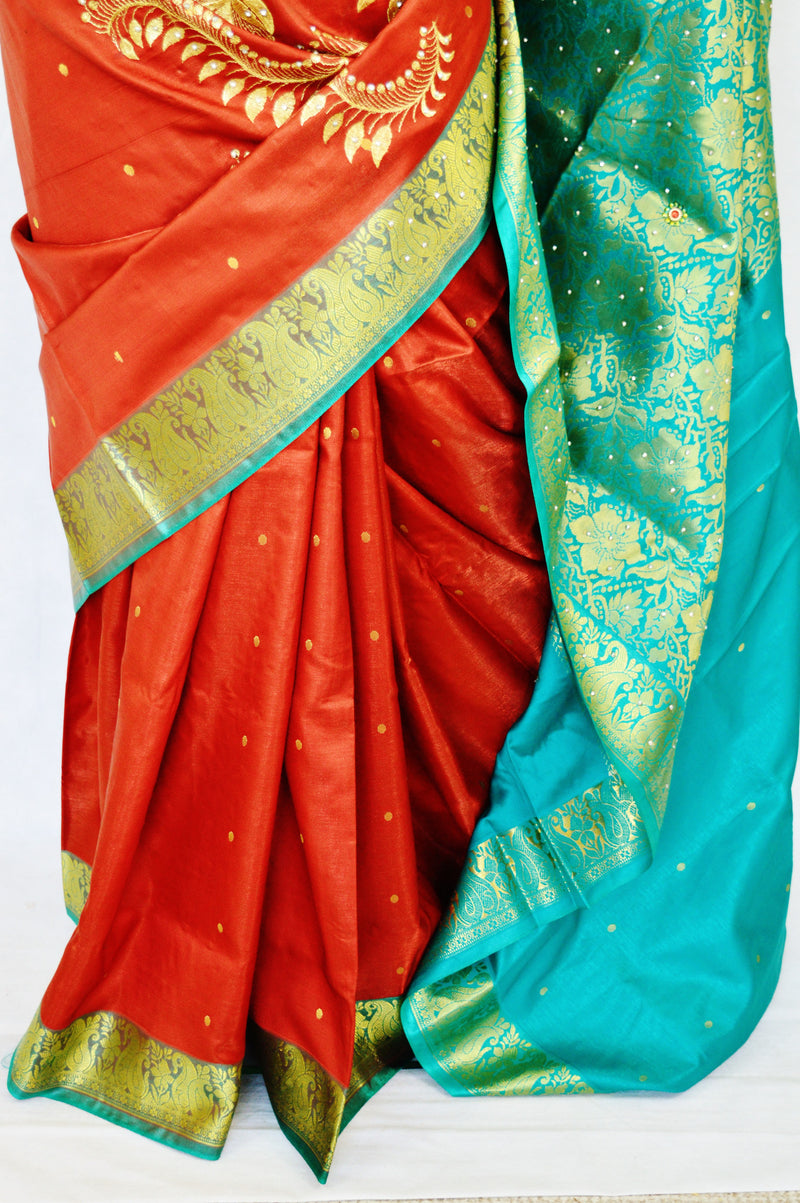 Brown & Green Colour Banaras Silk Saree