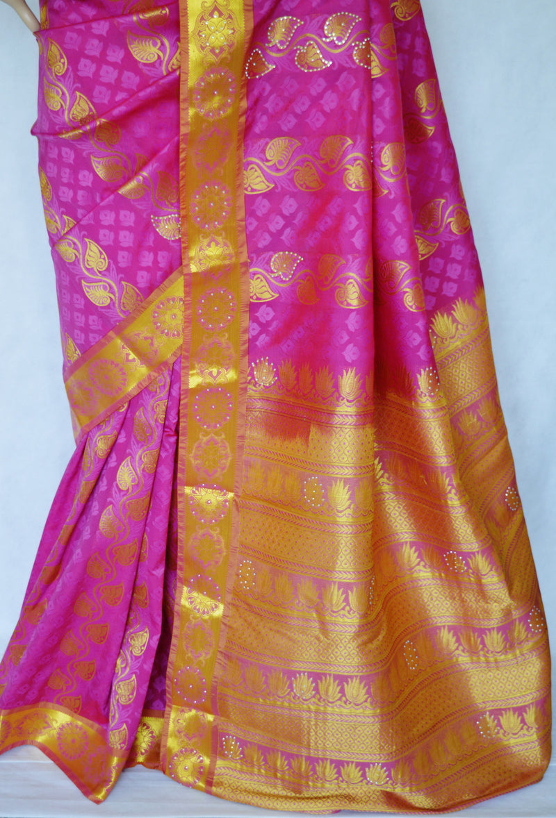 Pink & Coral Stone Work Kanchipuram Silk Saree