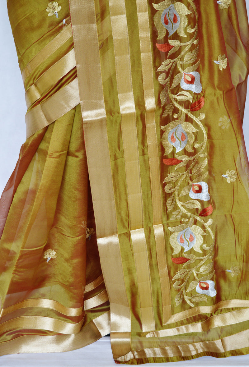 Maroon Shaded Gold Colour Raw Silk Saree