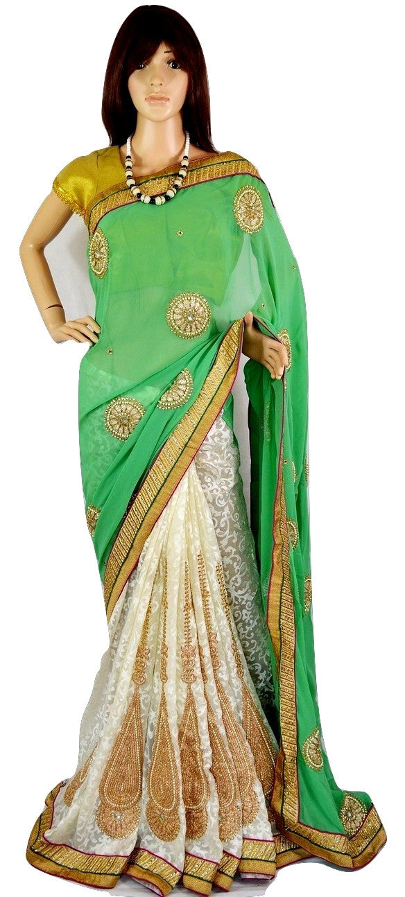 Mint & White Colour Pearl & Stone Work  Party Wear Saree