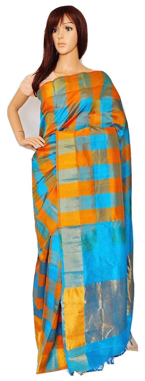 Blue & Orange Kanchipuram Silk Cotton  Saree