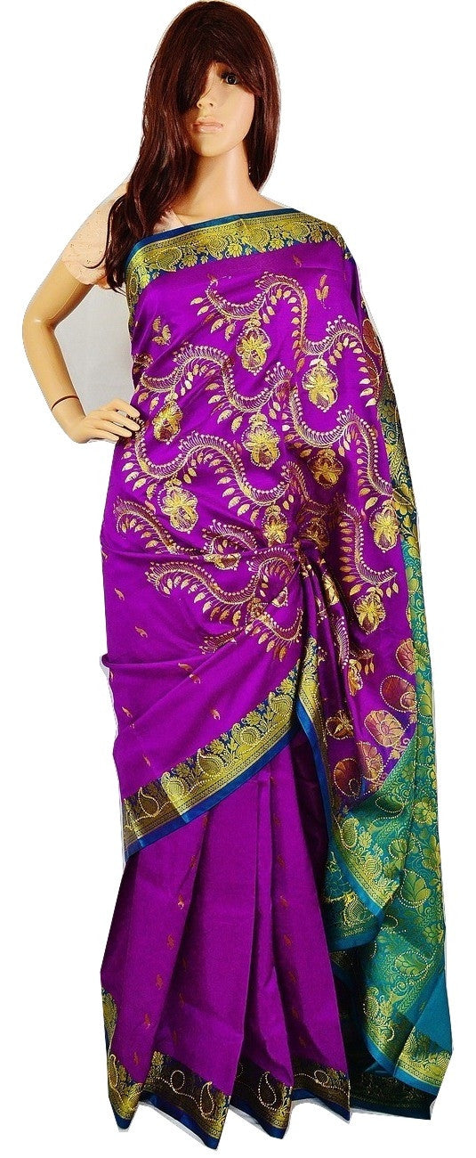 Purple & Turquoise Sequins Work Banaras Silk Saree