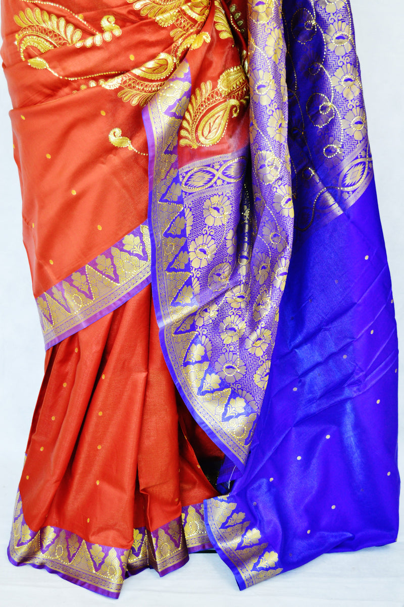 Brown & Purple Sequins Work Banaras Silk Saree