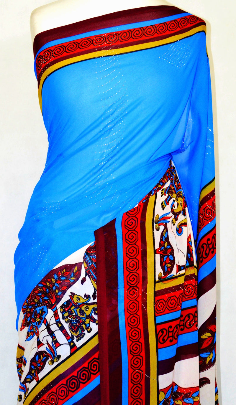 Blue Elephant Print Fancy Saree With Blouse Piece