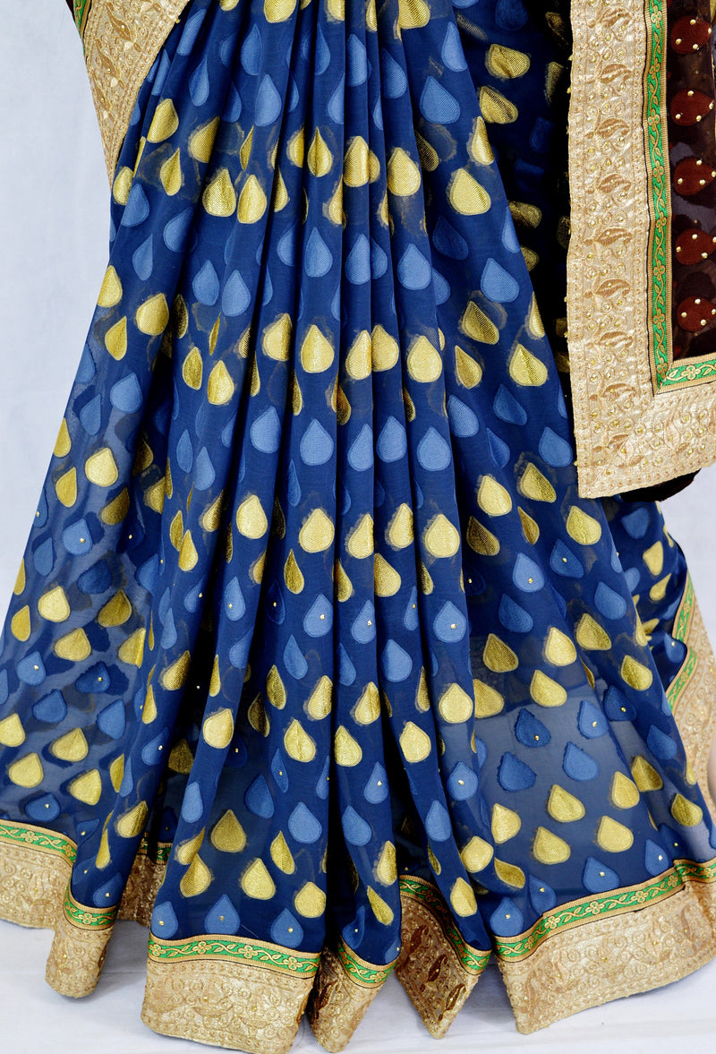 Denim Blue & Brown Stone Work Do Pal Jeard Saree