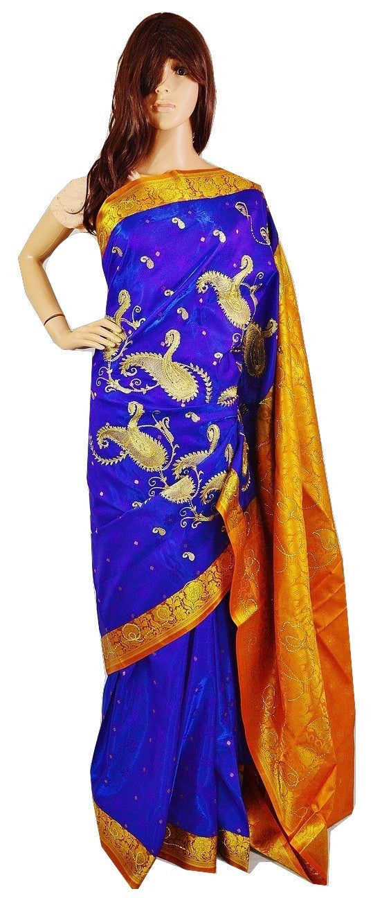 Blue Colour Sequins Work Banaras Silk Saree
