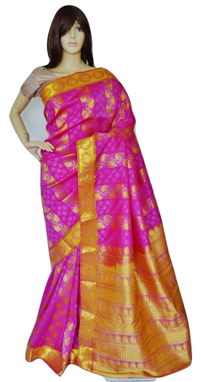 Pink & Coral Stone Work Kanchipuram Silk Saree