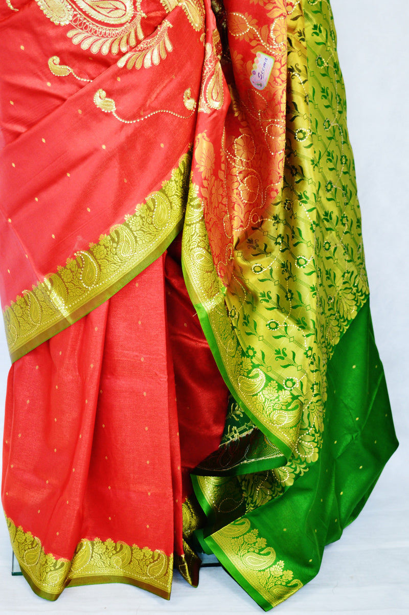 Brown & Green Sequins Work Banaras Silk Saree