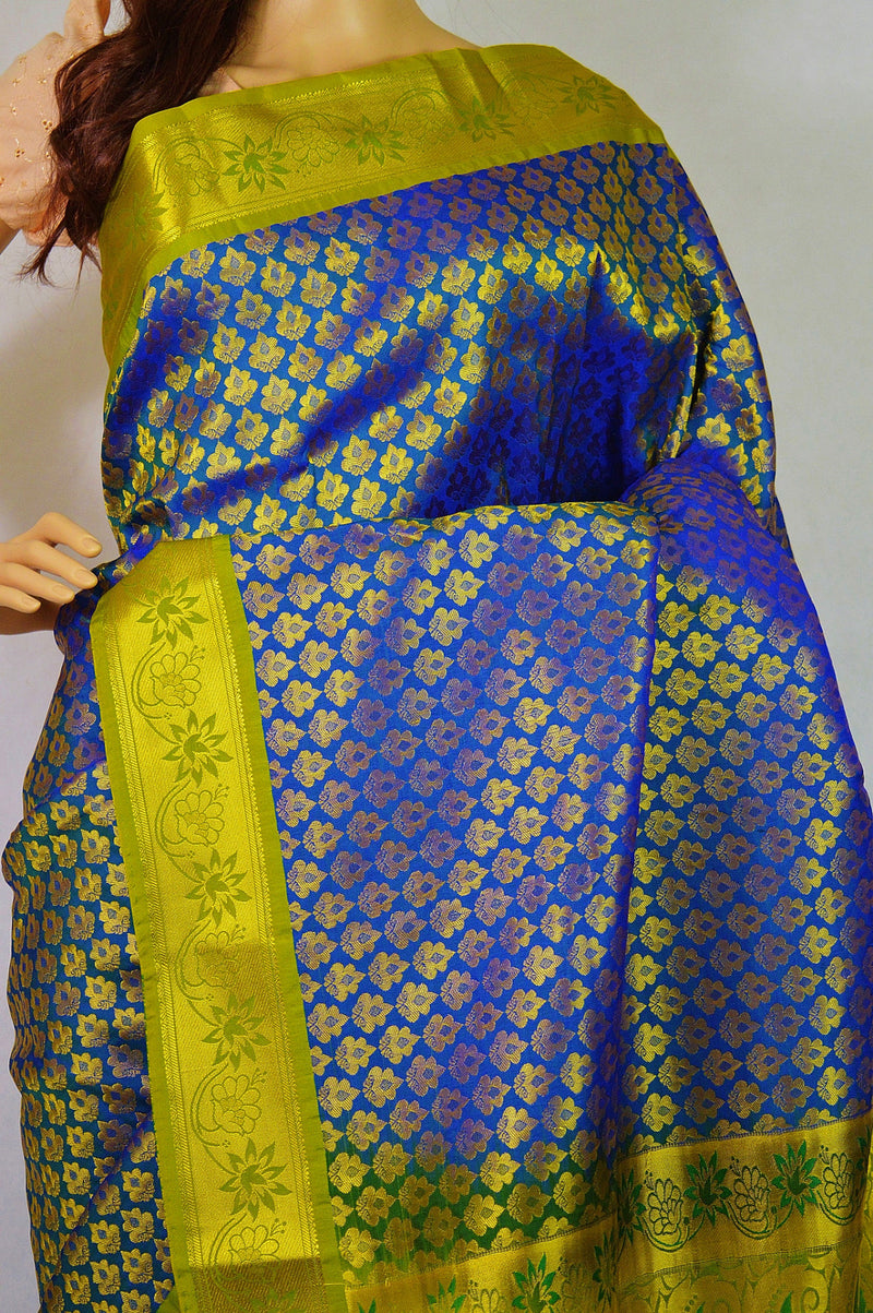 Blue, Light Green  & Gold  Kanchipuram Silk Saree