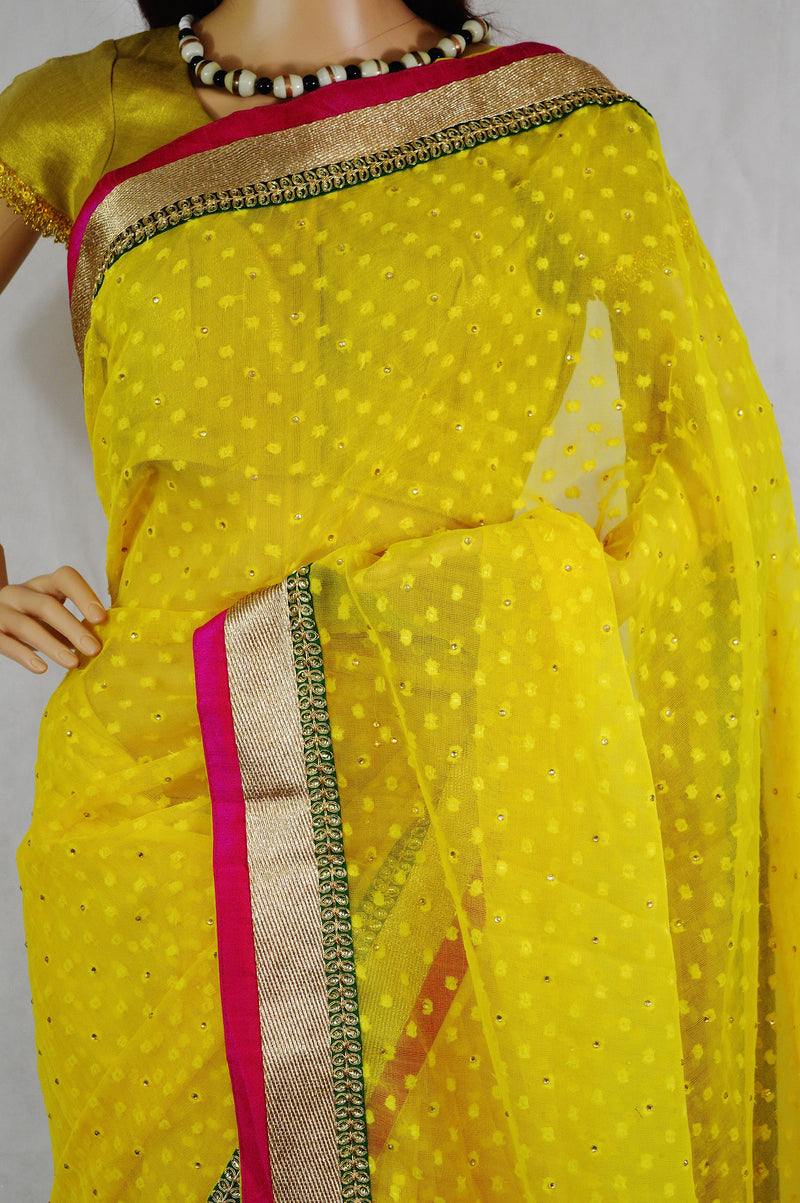 Bright Yellow Colour Stone Work Party Wear Saree