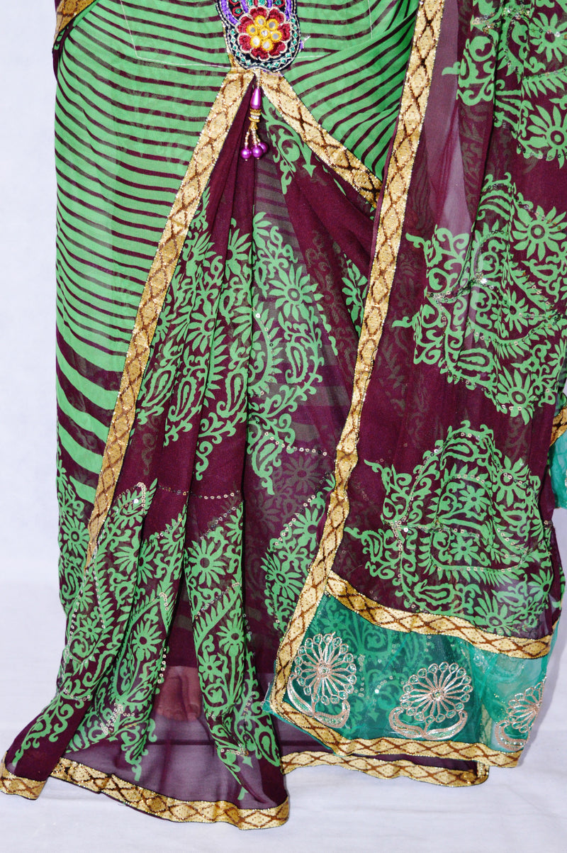 Green & Maroon Sequins Work One Minute  Saree