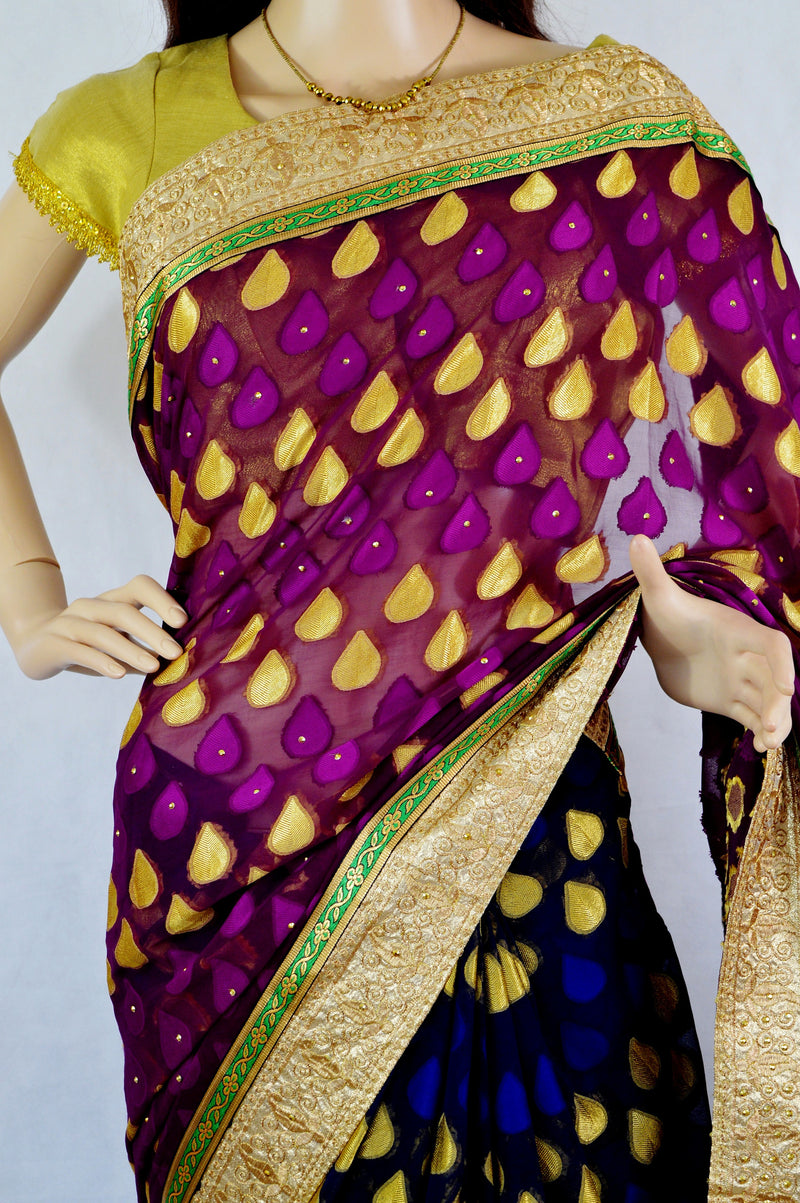 Dark Blue & Wine Stone Work Do Pal Jeard Saree