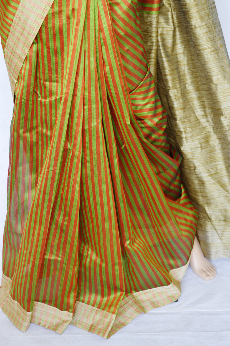 Cotton Green & Orange Stripe Saree