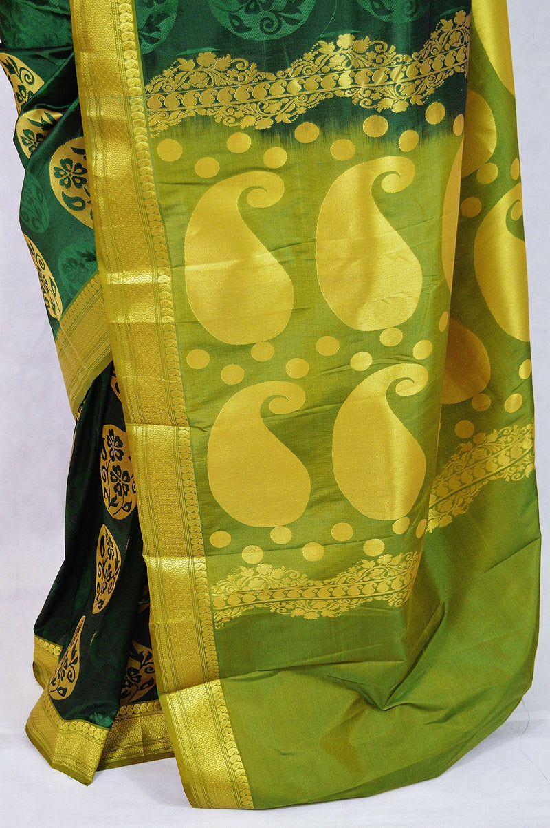 Dark Green ,Light Green & Gold Kanchipuram Silk Saree