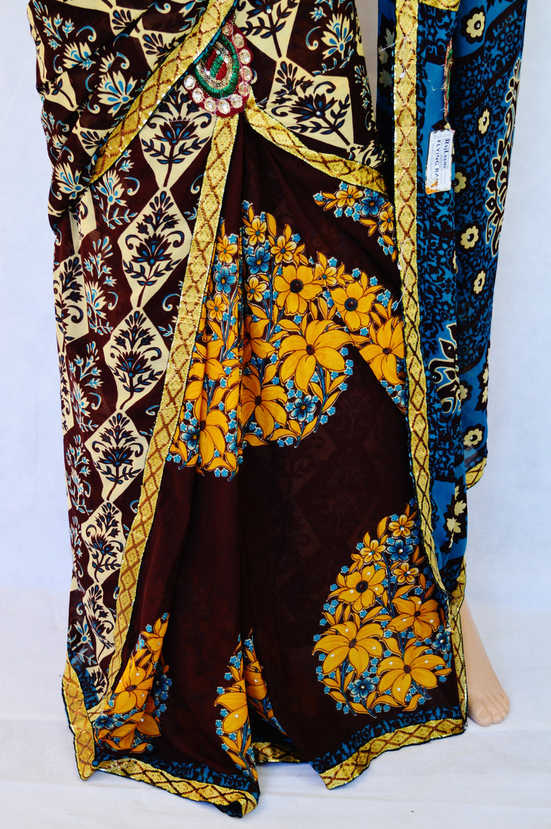 Brown, Cream & Blue Ready Made Pleats Saree