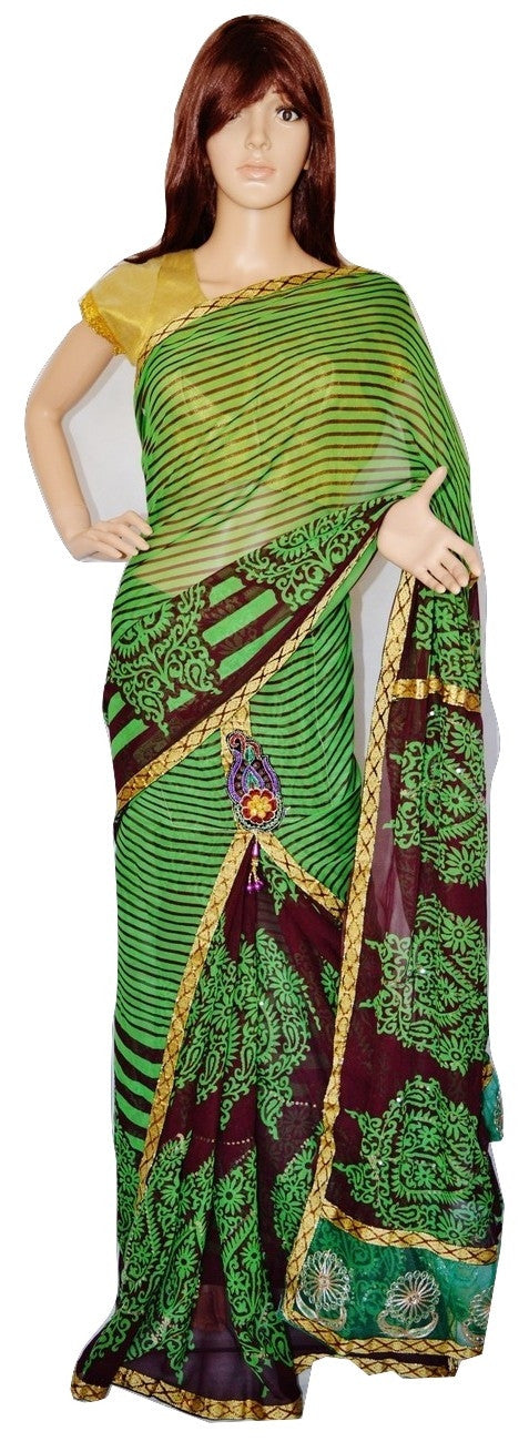 Green & Maroon Sequins Work One Minute  Saree