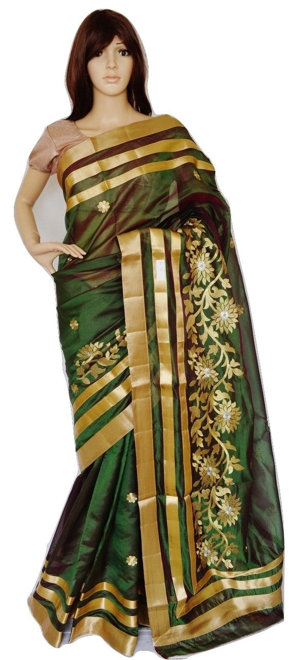 Magenta Shaded Green & Gold Raw Silk Saree