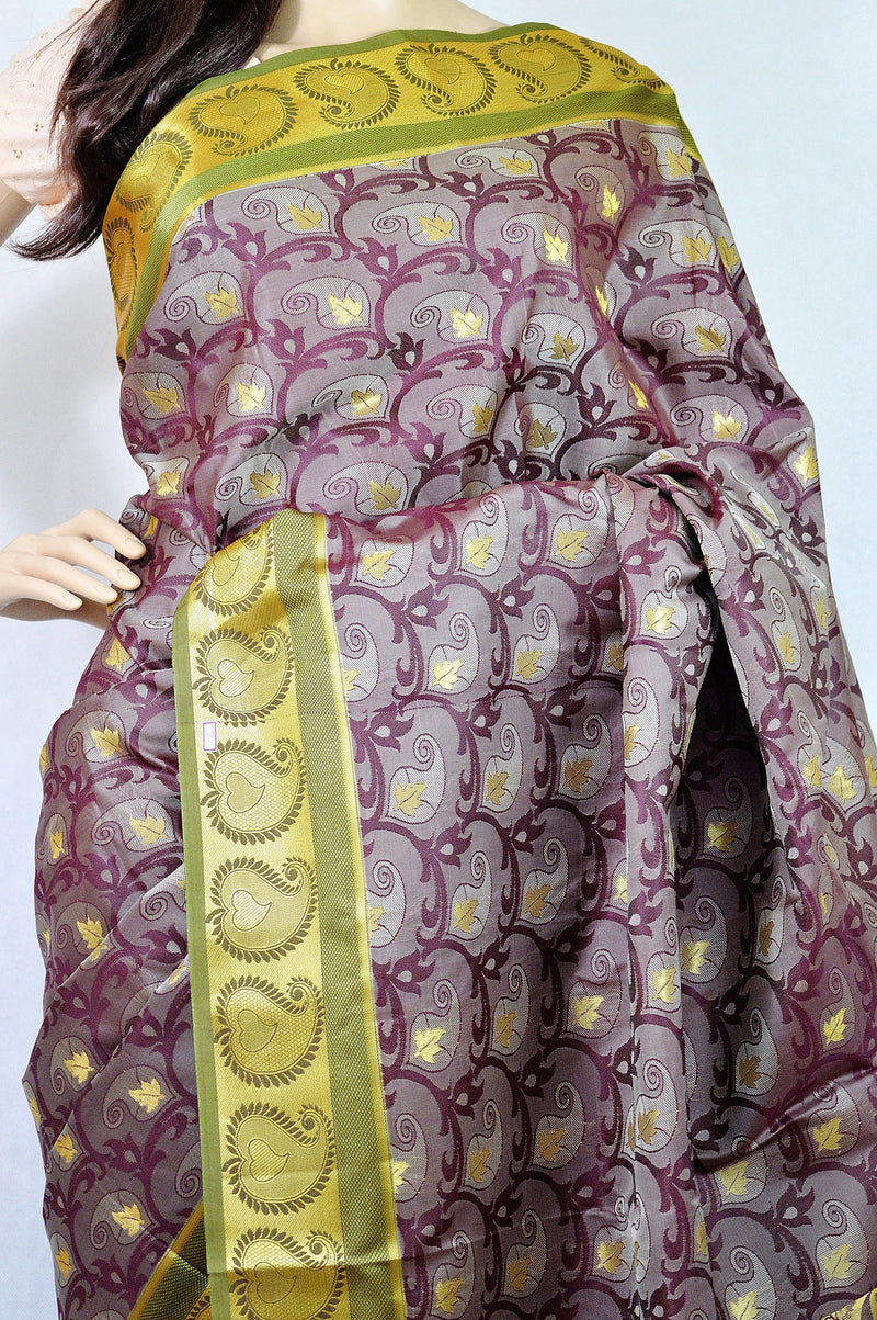 Maroon ,Green & Gold Colour Kanchipuram Silk  Saree