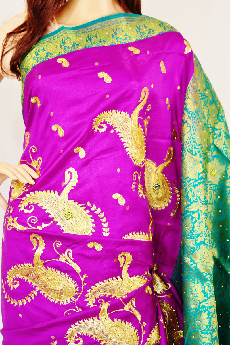 Fuchsia & Green Colour Banaras Silk Saree